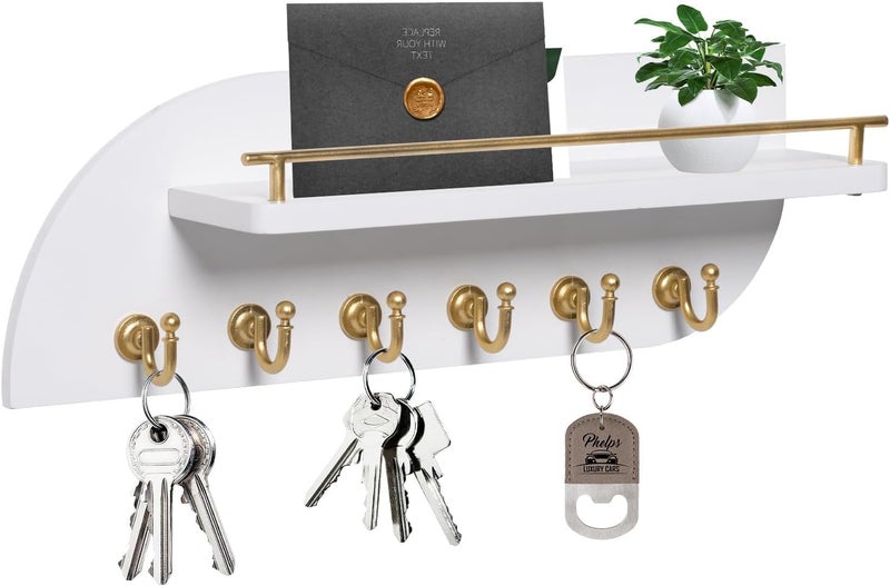 Karisky Key Holder for Wall, Decorative Key and Mail Organizer with 6 Sturdy Metal Hooks and Floating Shelf, 14 Inches Wood Wall Mounted Key Rack for Entryway, White and Gold - Image 1